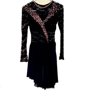 BALERA Black lace, Hi lo dance dress, Red & Clear crystals, girls size 10-12/MC.